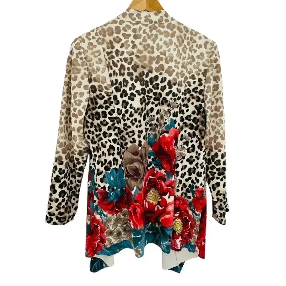 Chico’s suedes draped jacket leopard floral print beige and red size medium